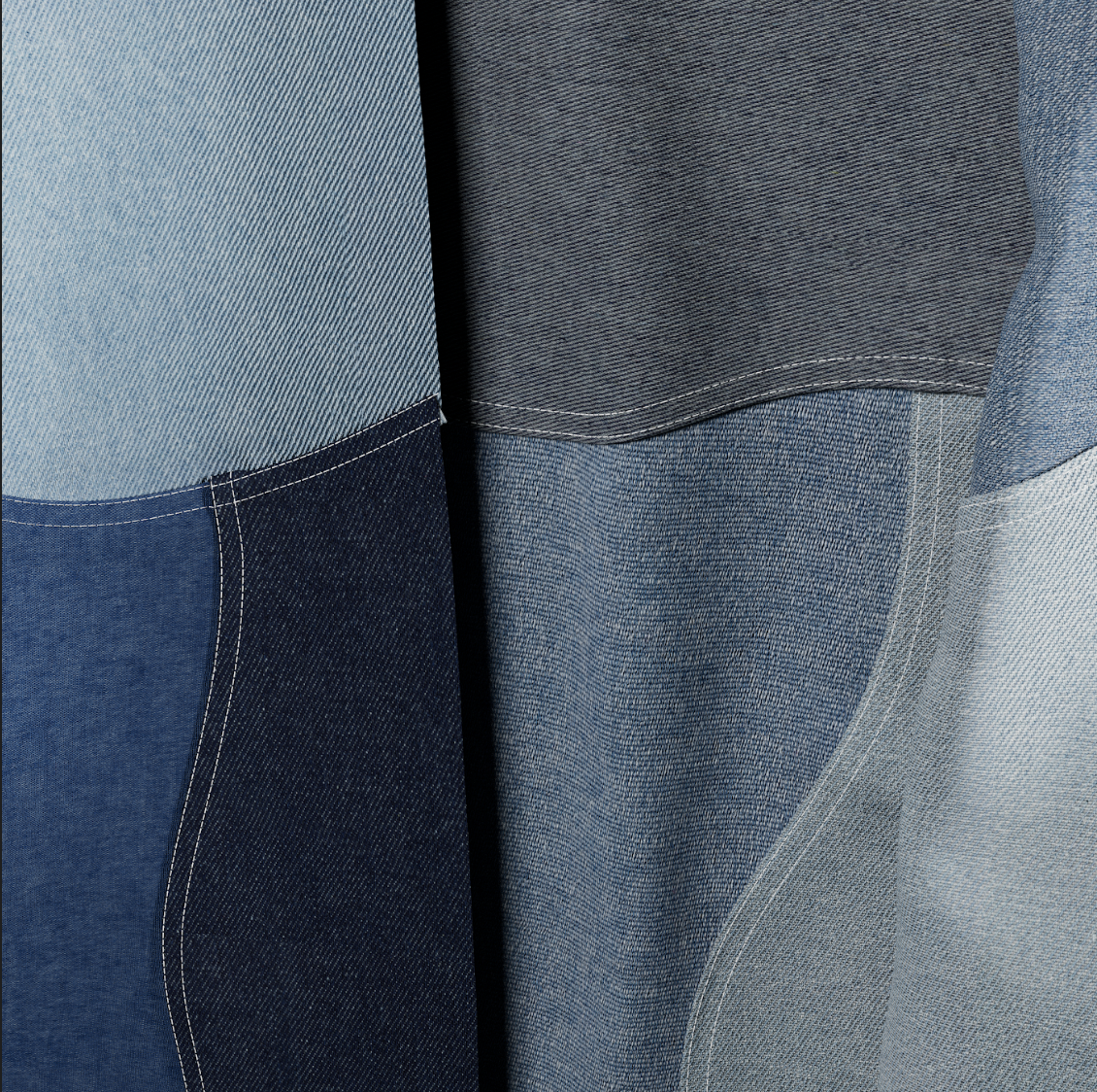 close up of 3d rendered blue patchwork denim