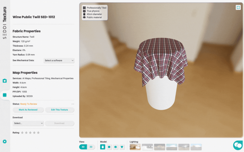 Textura.ai product screen shot showing red fabric on a ball